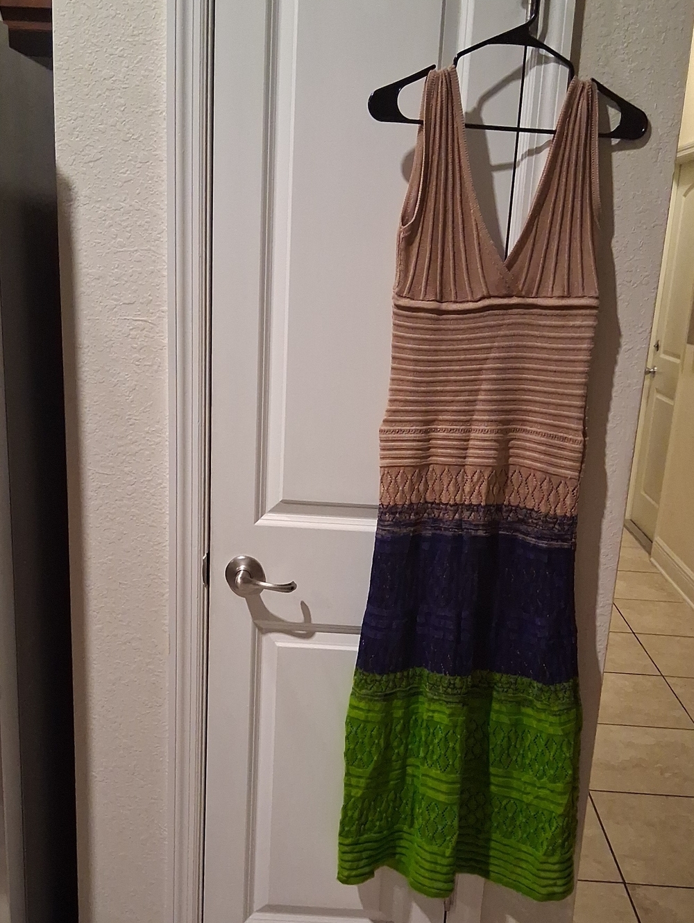 Sleeveless V-Neck Colorblock Knit Maxi Dress - Beige, Blue & Green